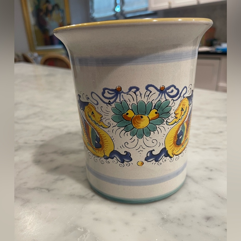 Deruta Italian Yellow and Blue Vase with Artistic Accents
